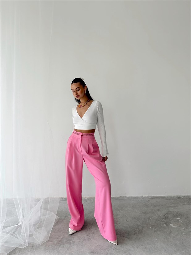 Kemeri Dantel Detaylı Palazzo Pantolon  - Pembe
