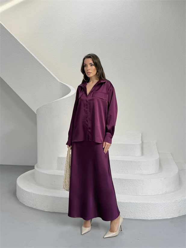 Krep Saten Gömlekli Takım - Mürdüm