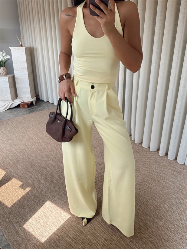 Paçası Düğmeli Palazzo - Sarı