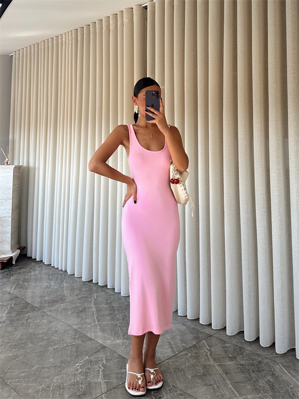 Sıfır Kol Modal Kumaş Elbise - Pembe