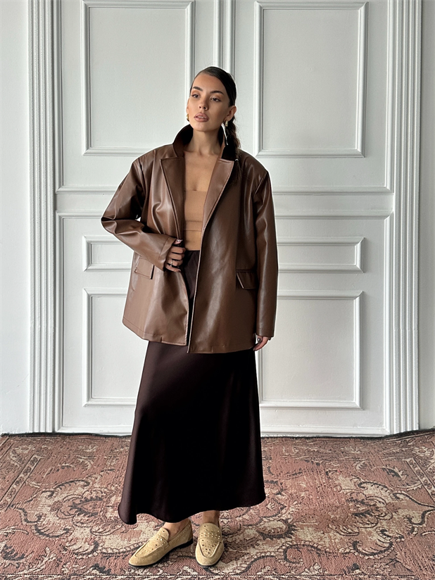 Belden Bağlamalı Deri Ceket - Kahve