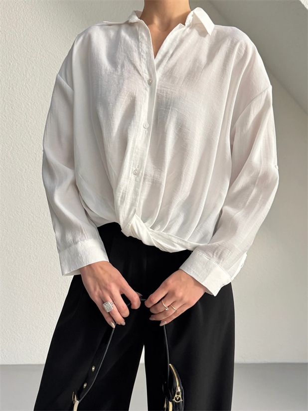 Önü Burgulu Modal Gömlek - Ekru