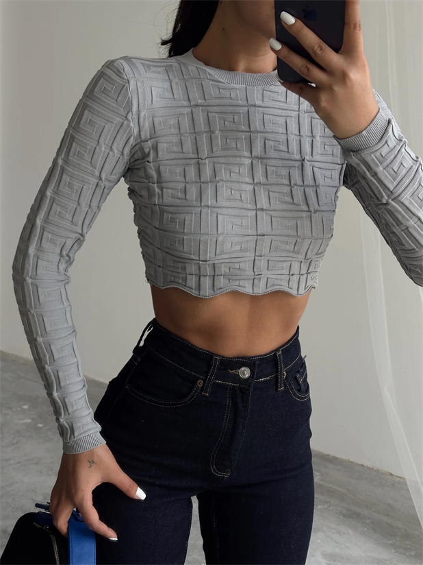 Labirent Desen Crop Triko Kazak Gri - Gri