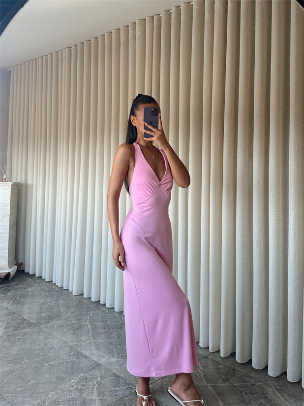 Boyundan Geçmeli Sırt Bağlamalı Elbise - Pembe