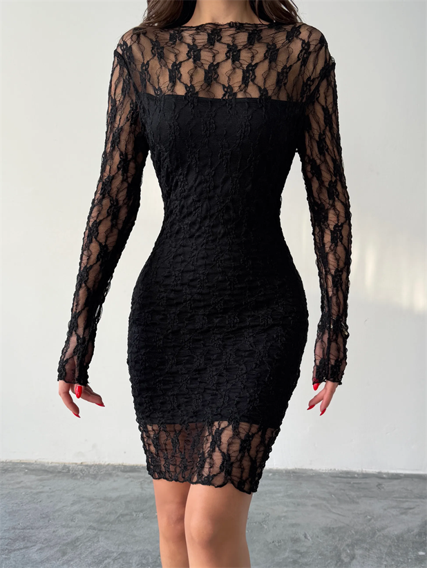 İç Astarlı Dantel Elbise - Siyah