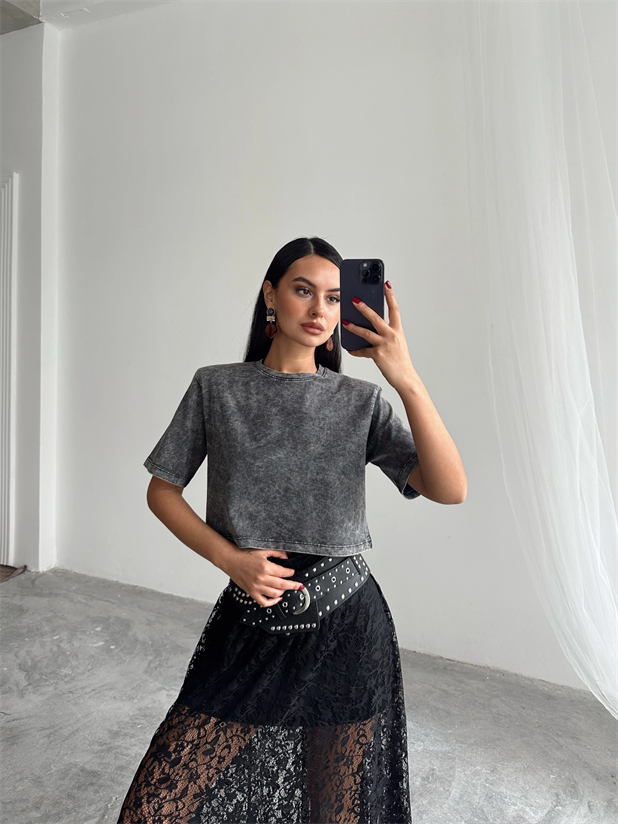 Yıkamalı Vatkalı Crop Basic - Füme