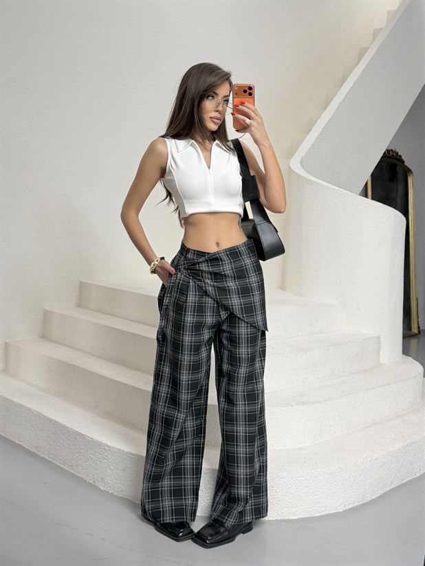 Bel Fular Detay Ekose Pantolon - Siyah