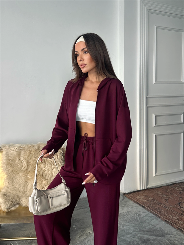 Modal Fermuarlı Sweat-Palazzo Takım - Bordo