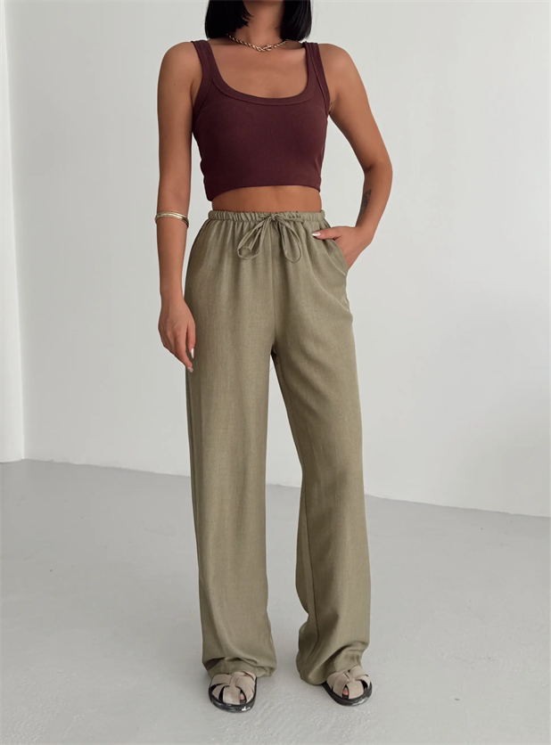 Beli İnce Lastikli Keten Palazzo - Haki