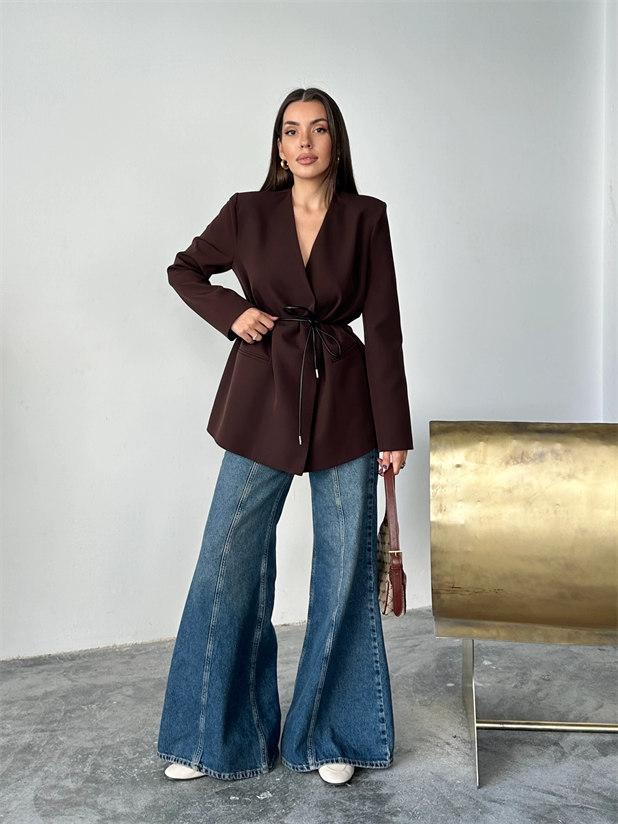 Deri Kemerli Blazer Ceket - Kahve