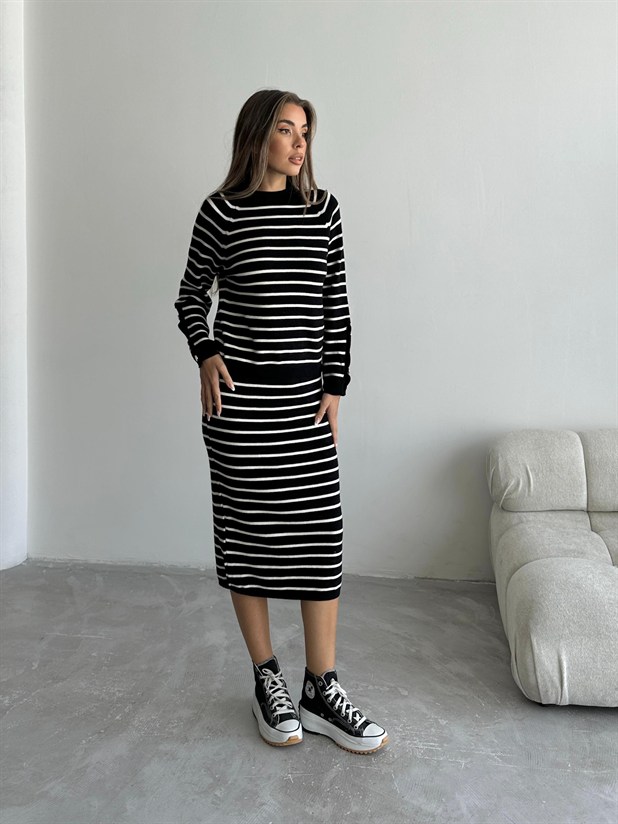 Çizgili Etekli Triko Takım - Siyah