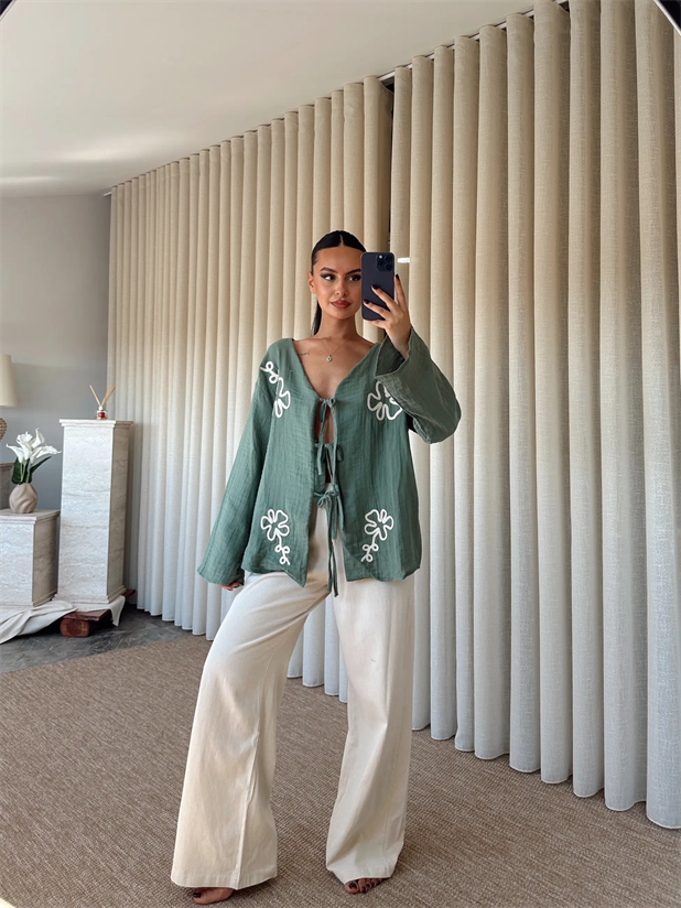 Nakışlı Kimono Takım  - Mint