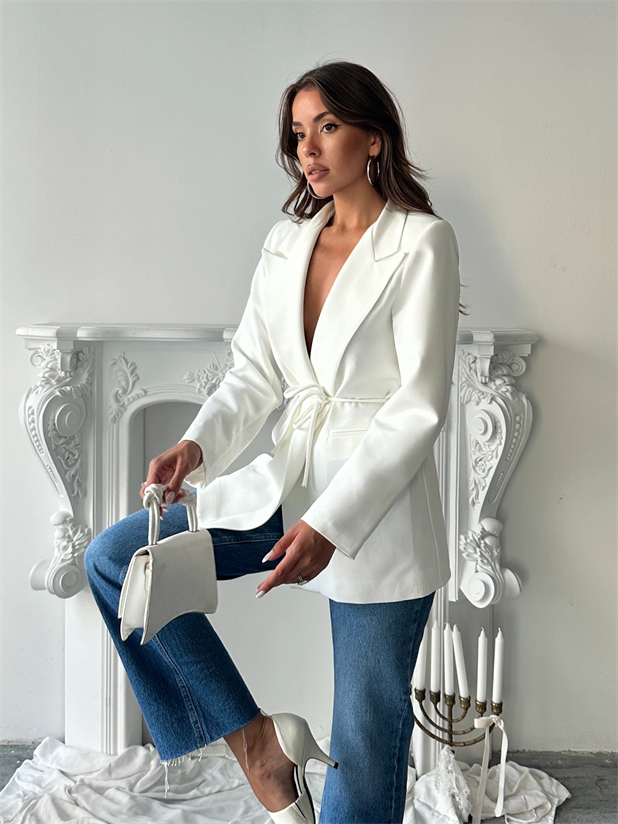 Bağlama Detay Ceket - Beyaz