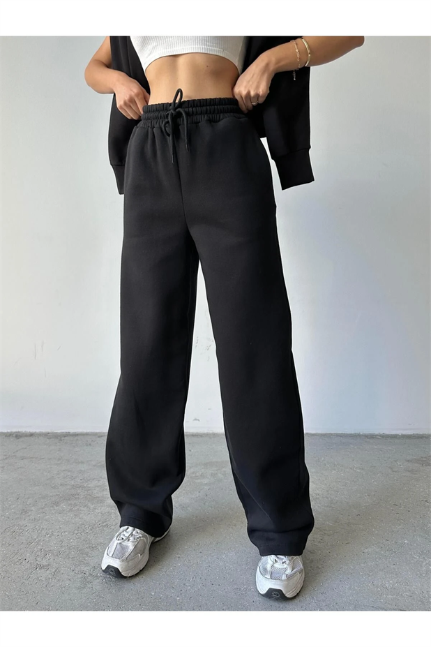 Üç İplik Şardonlu Palazzo Eşofman Siyah - Siyah