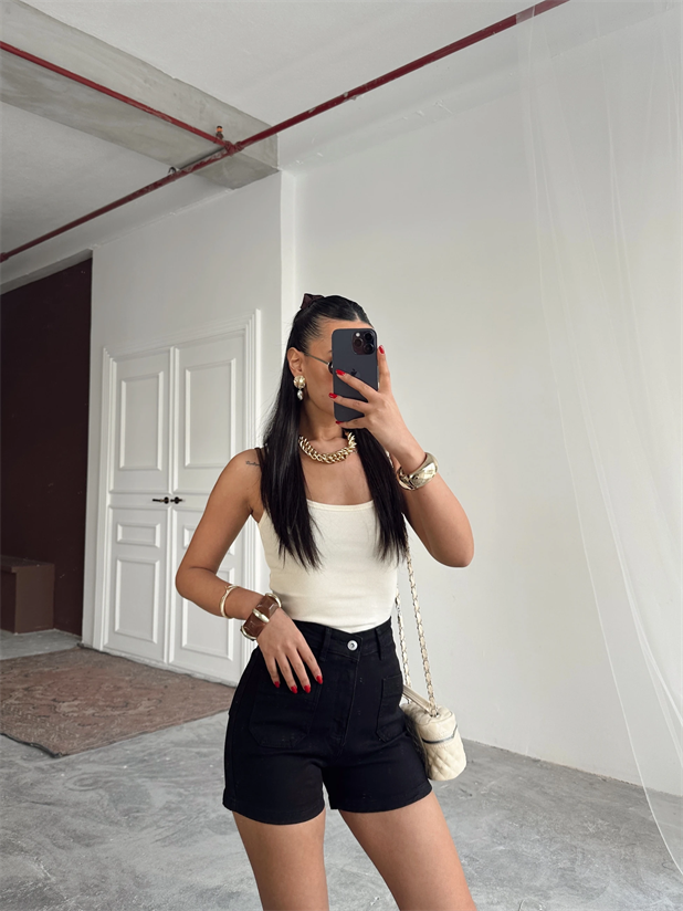 Çift Cep Detay Kot Şort Siyah - Siyah