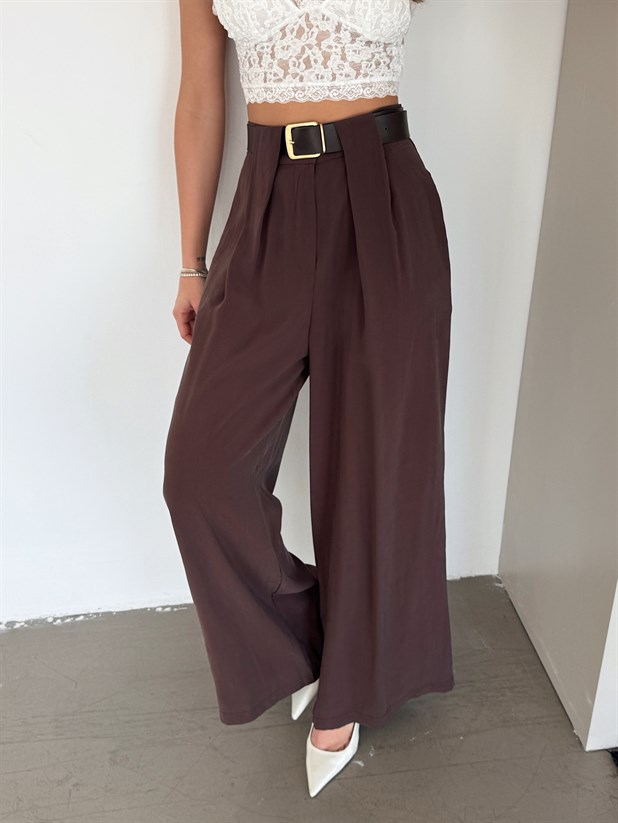 Geniş Kemerli Modal Pantolon - Kahve