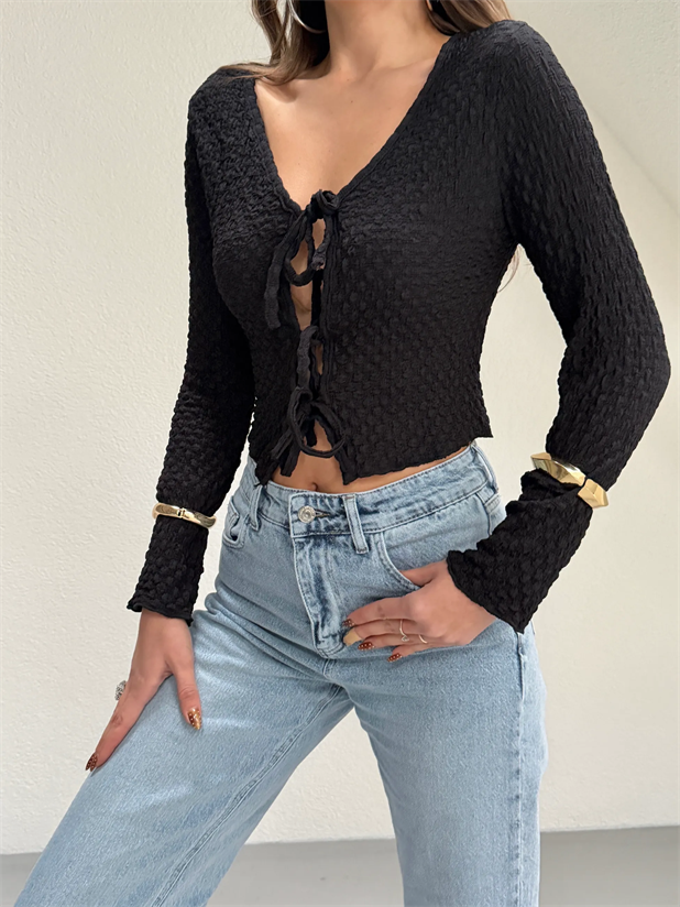 Önü Bağlamalı Bluz - Siyah