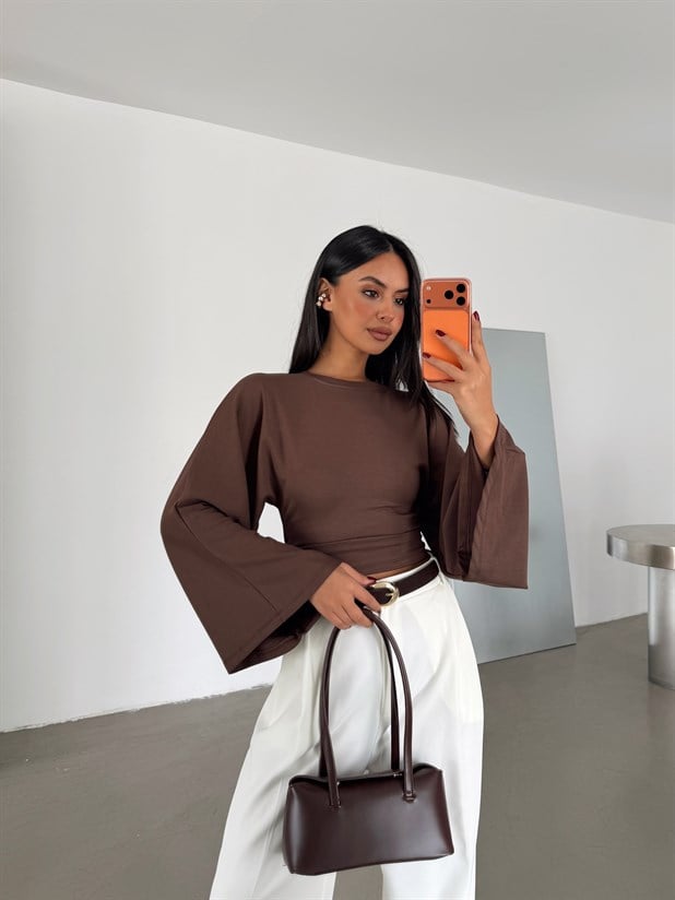 Yarasa Kol Beli Büzgülü Bluz - Kahve