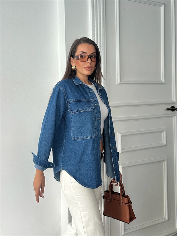 Kapak Cep Denim Gömlek - Mavi