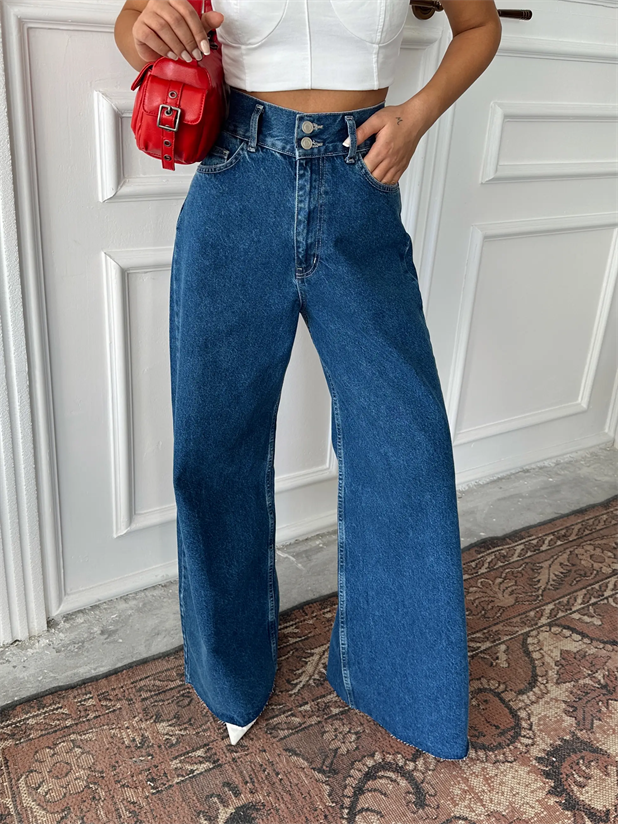 Geniş Kemerli Baggy Jean  - Mavi