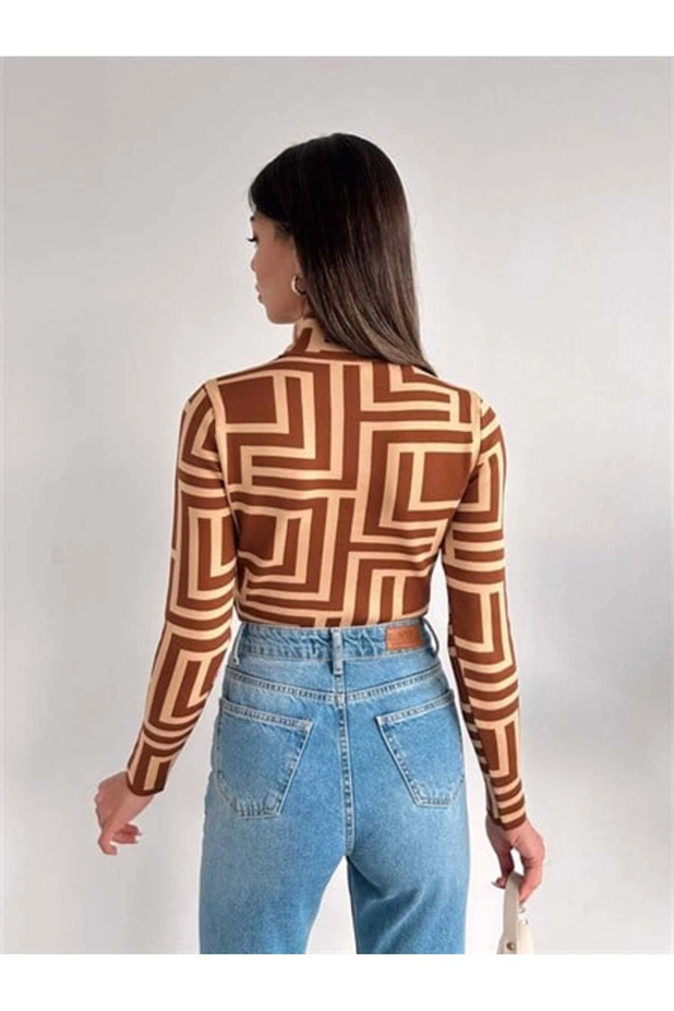 Desenli Dik Yaka Triko Bluz KİREMİT DESEN - Kiremit Desen