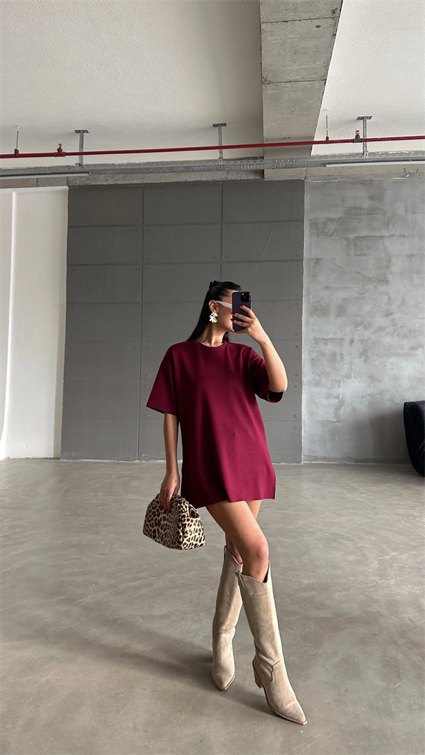 Yan Yırtmaç Oversize Basic - Bordo