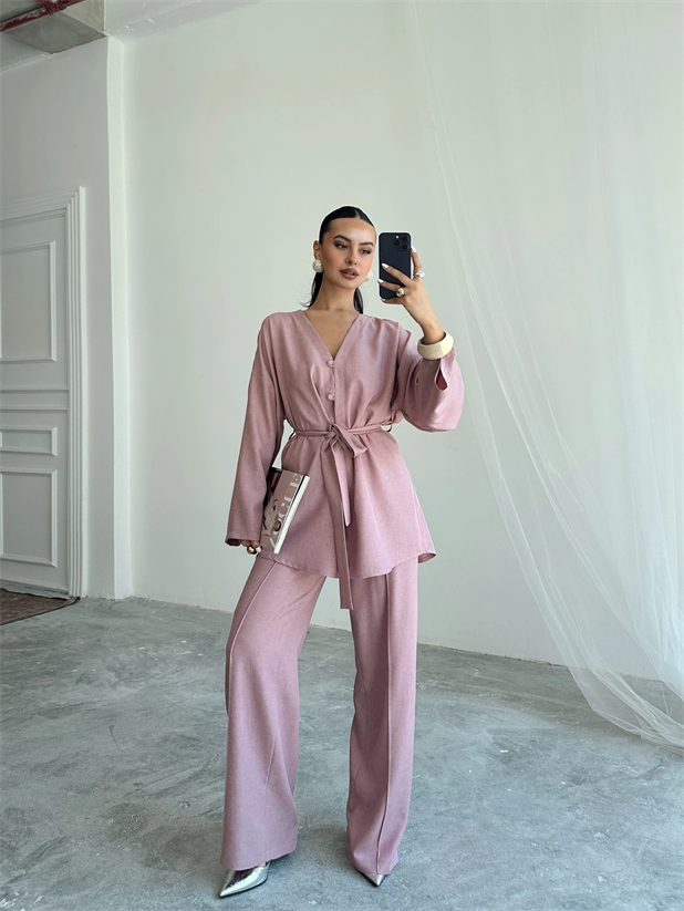 Düğme Detay Kuşaklı Kimono Takım - Pudra Pembe