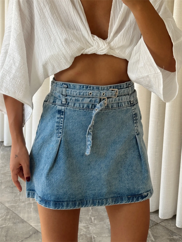 Pileli Denim Etek Mavi - Mavi