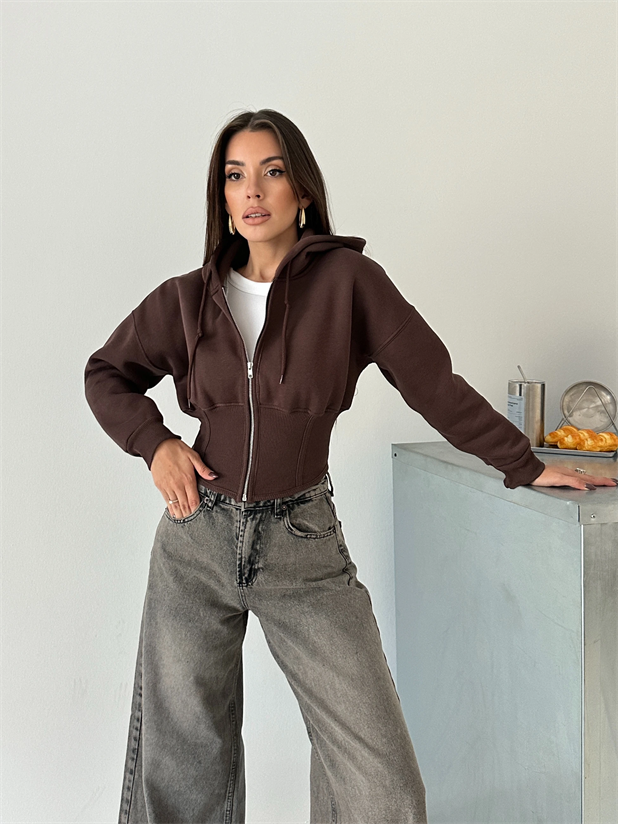Korse Manşet Fermuarlı Sweat Hırka - Kahve