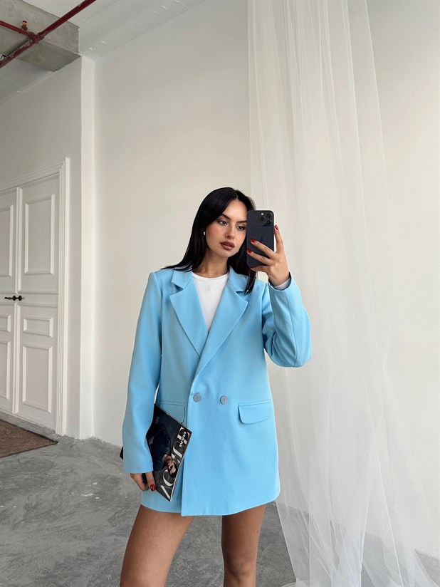 Çift Düğme Oversize Blazer  - Bebe Mavi