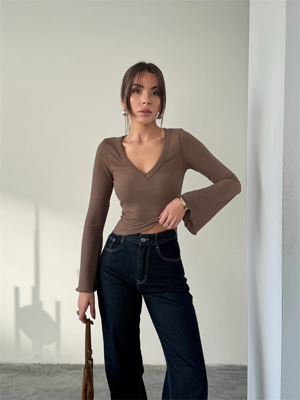 V Yaka İspanyol Kol Bluz - Kahve
