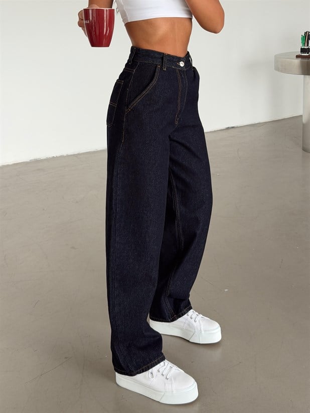 Yan Cep Detaylı Boyfriend Jean - Lacivert