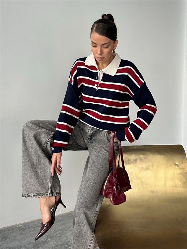 Polo Yaka Çizgili Triko - lacivert-bordo