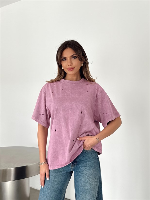 Delikli Yıkama T-shirt - Lila