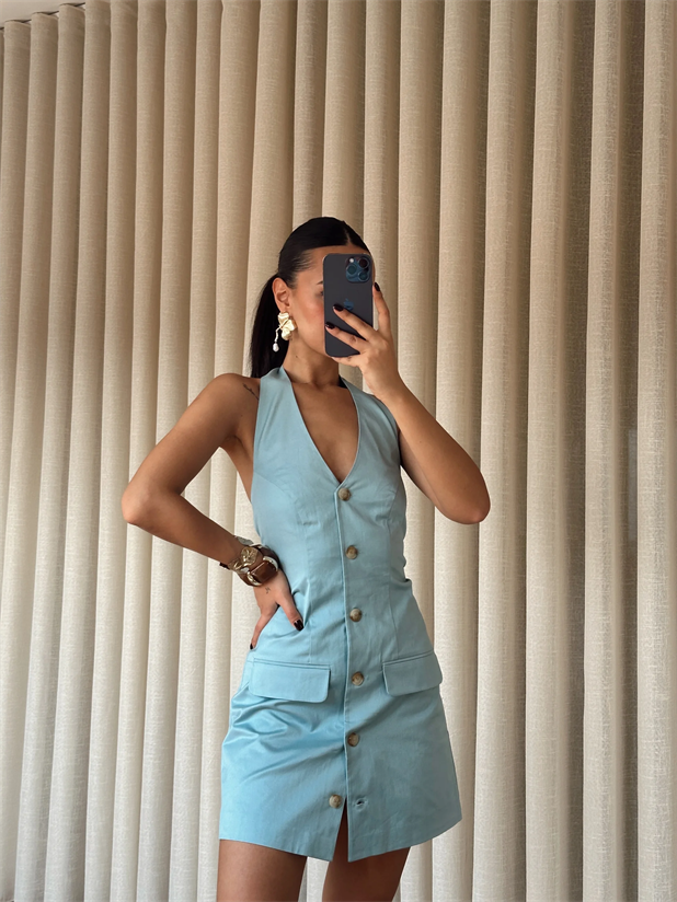 Boyundan Bağlamalı Düğmeli Mini Elbise - Mavi