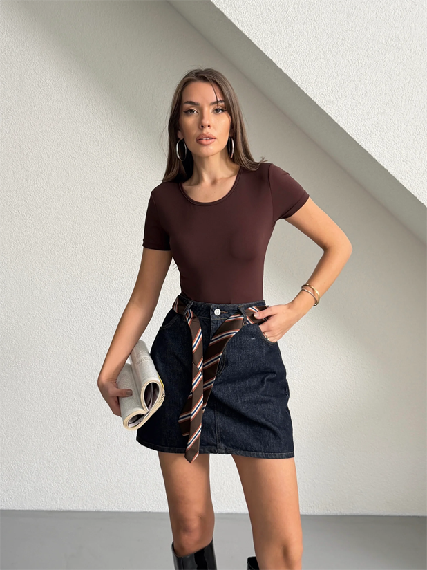 Bisiklet Yaka Kısa Kol Bodysuit - Kahve