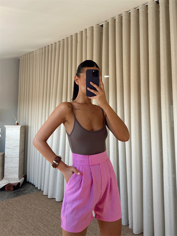 Cırtlı Keten Şort - Pembe