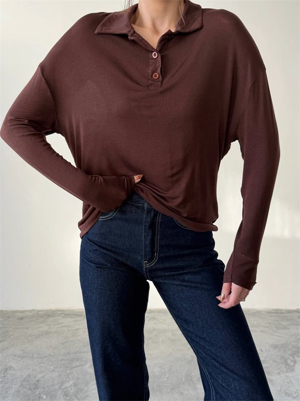 Polo Yaka Salaş Bluz - Kahve