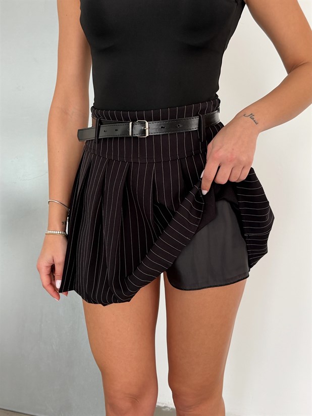 Pileli Çizgili Mini Etek - Siyah