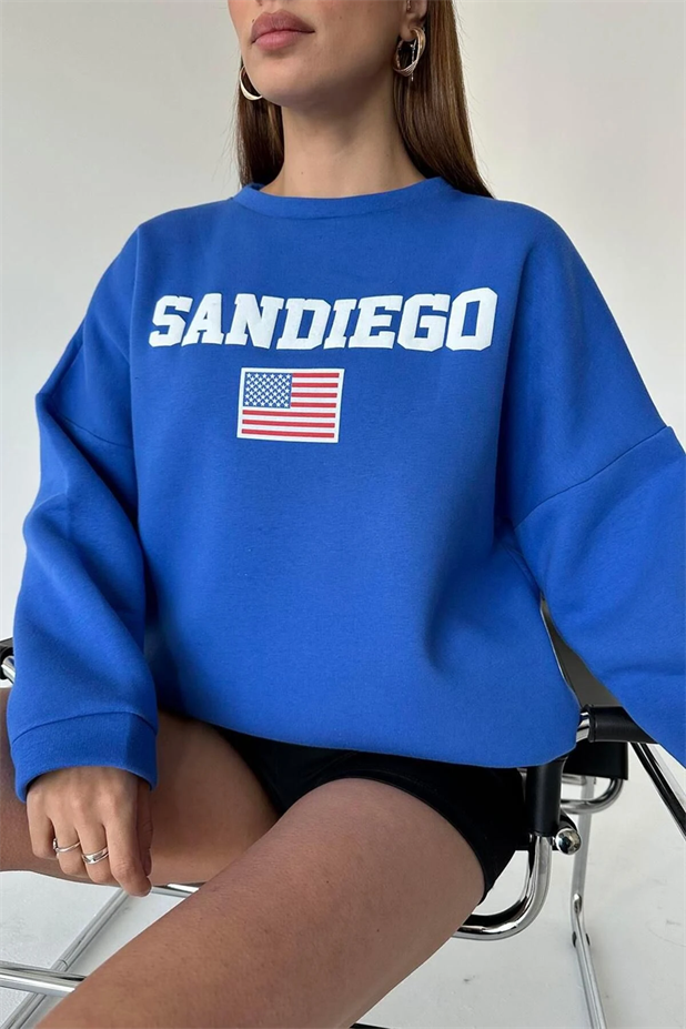 State Baskı Üç İplik Şardonlu Sweat Saks Mavi - Mavi