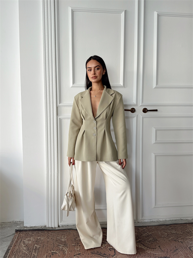 Pile Detay Oturtmalı Blazer Ceket  - Çağla Yeşili