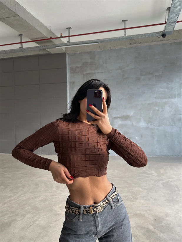 Labirent Desen Crop Triko Kazak Kahverengi - Kahverengi