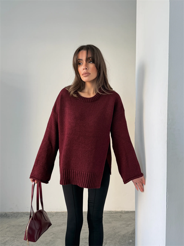 Yırtmaçlı Basic Triko  - Bordo