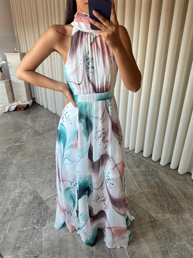 Desenli Şifon Elbise - Ekru-Yeşil