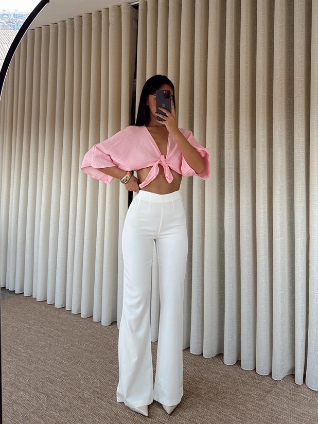 Yarım İspanyol Paça Pantolon - Beyaz