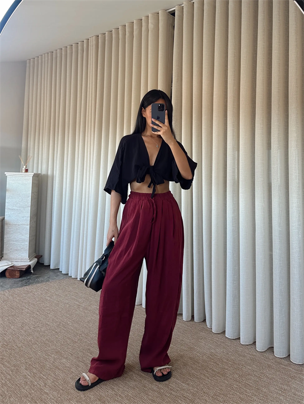Modal Bağcıklı Palazzo Pantolon - Bordo