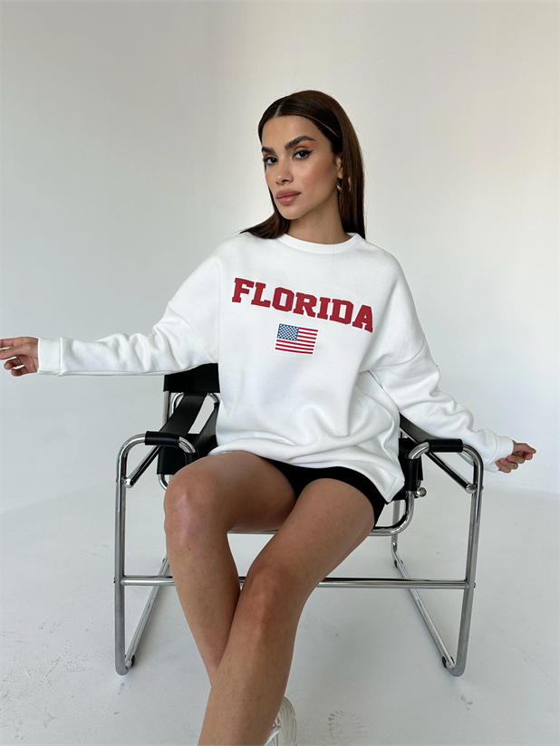 State Baskı Üç İplik Şardonlu Sweat Beyaz - Beyaz