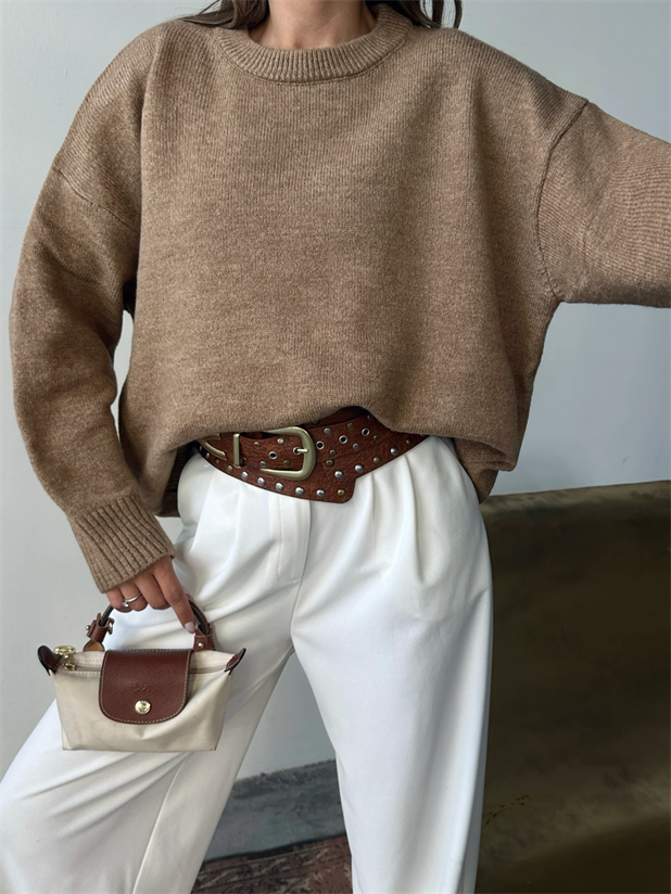 Yıkamalı Şardonlu Triko Kazak - Vizon