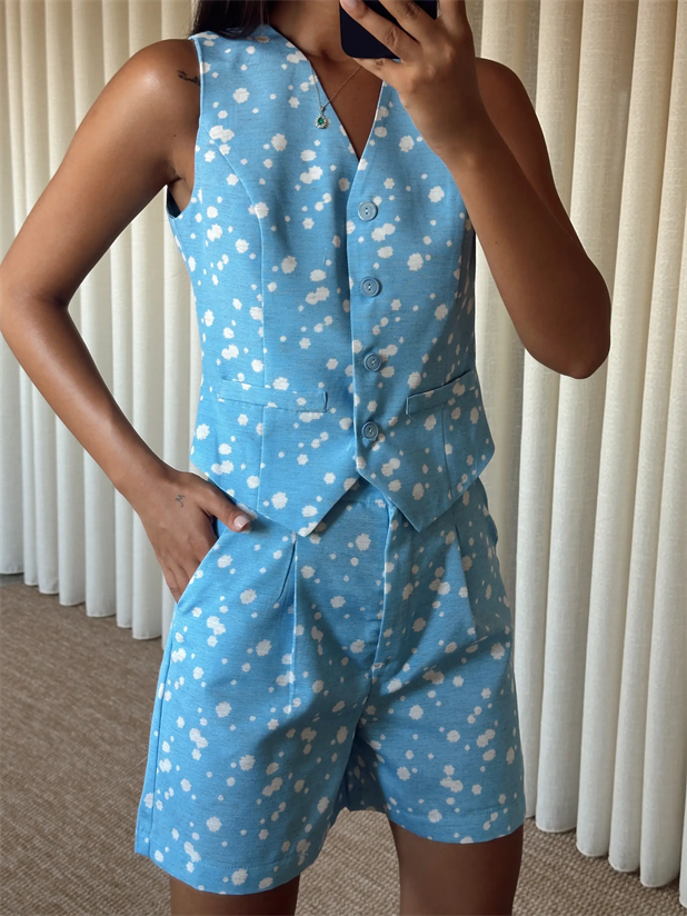 Desenli Şort-Yelek Takım  - Bebe Mavi