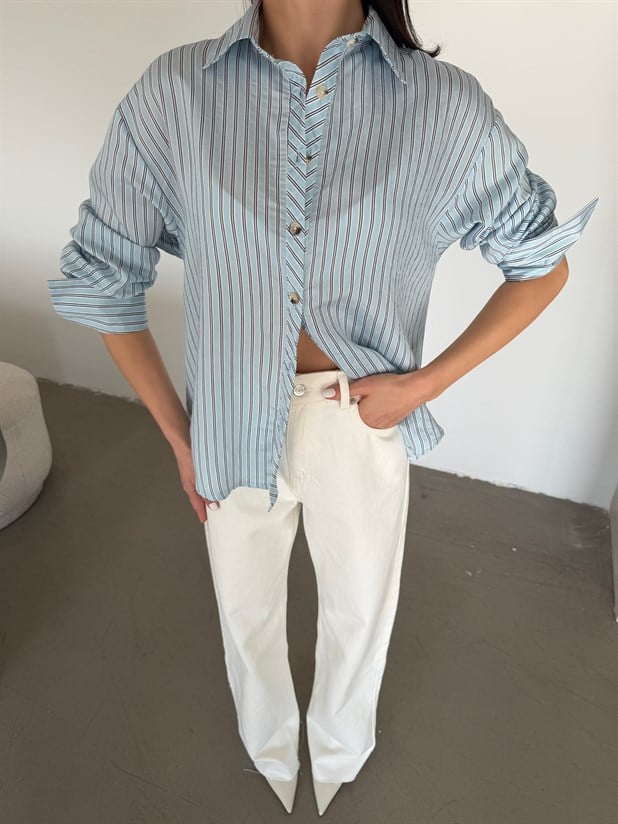 Çizgili Kol Manşet Detaylı Gömlek - Mavi